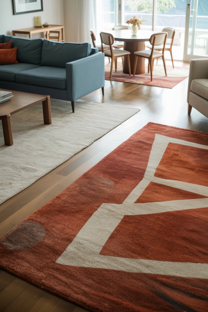 Two separate area rugs defining living room and dining room zones in an open-plan space without walls