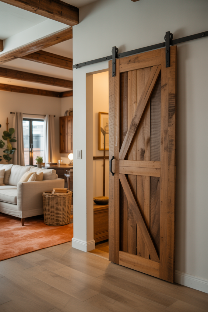 Reclaimed wood sliding barn door on black metal track in a rustic living room with exposed beams
