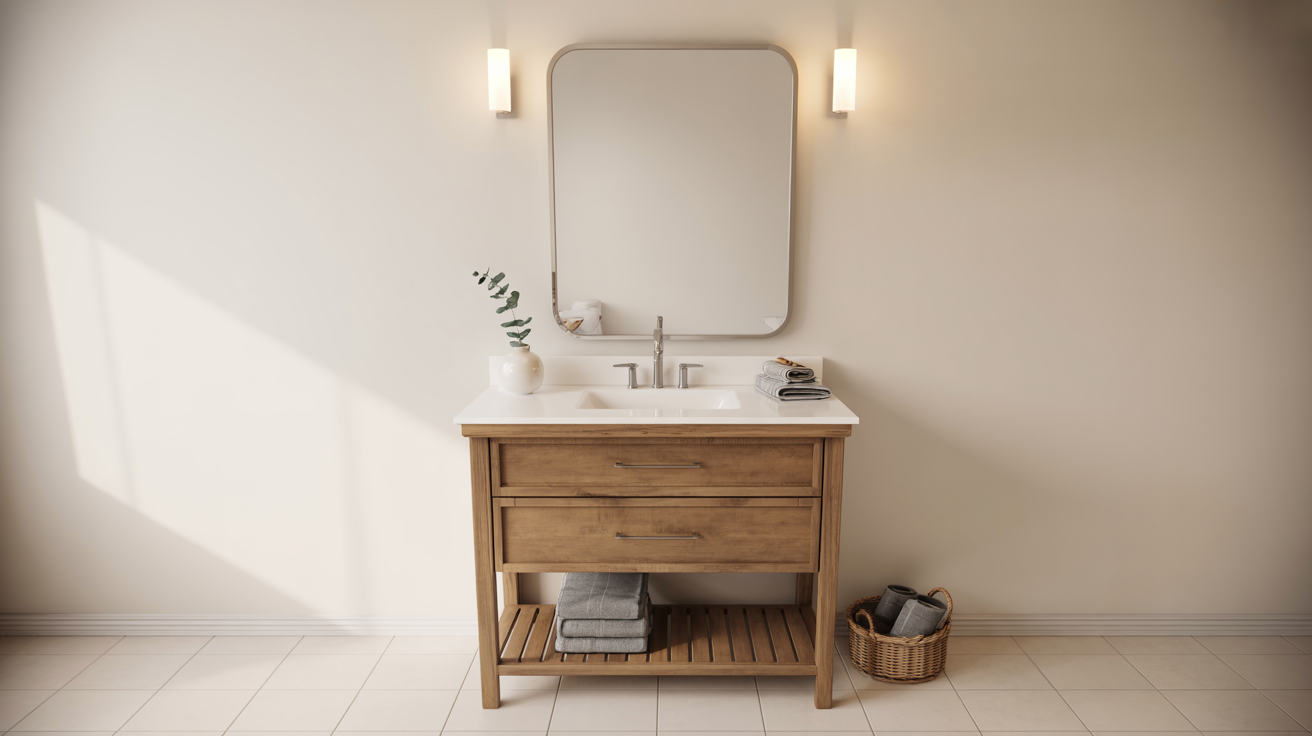 Stylish bathroom vanity with oak wood storage furniture, white quartz countertop, and brushed nickel fixtures