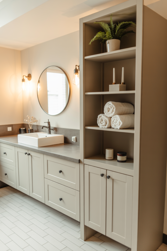 Bathroom vanity with built-in tower and open shelving styled with towels and a small plant in a modern white bathroom