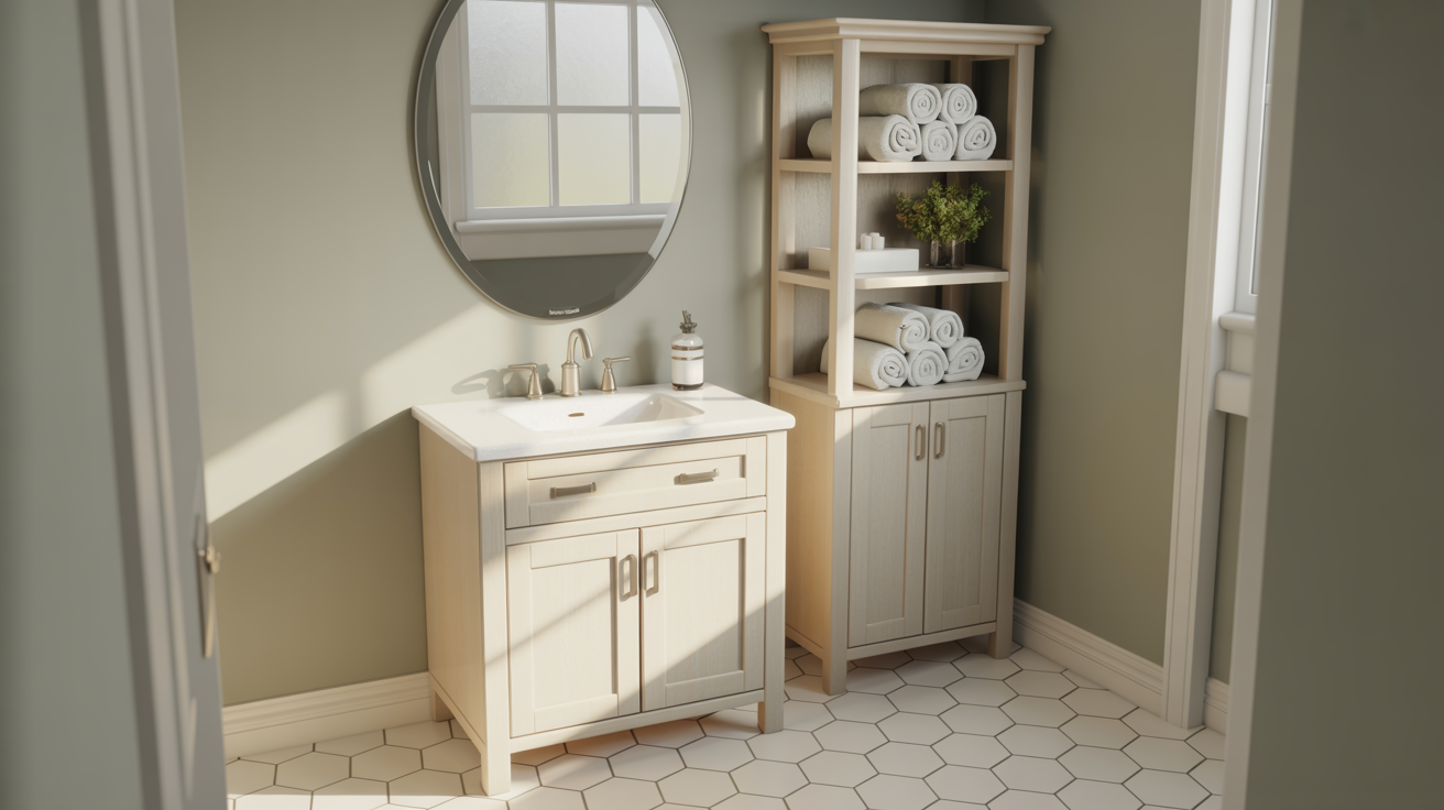Bathroom vanity with storage tower featuring white cabinets, open shelves with towels, and brushed nickel hardware