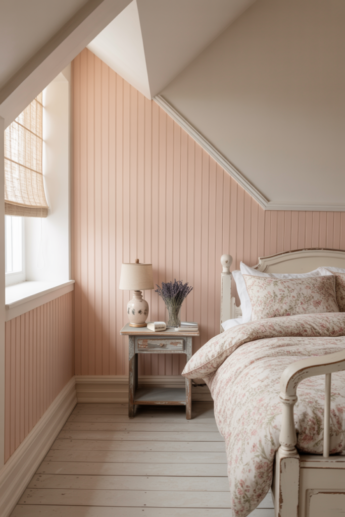 White vertical beadboard knee wall in a cottage-style attic bedroom with vintage wooden bed and floral bedding