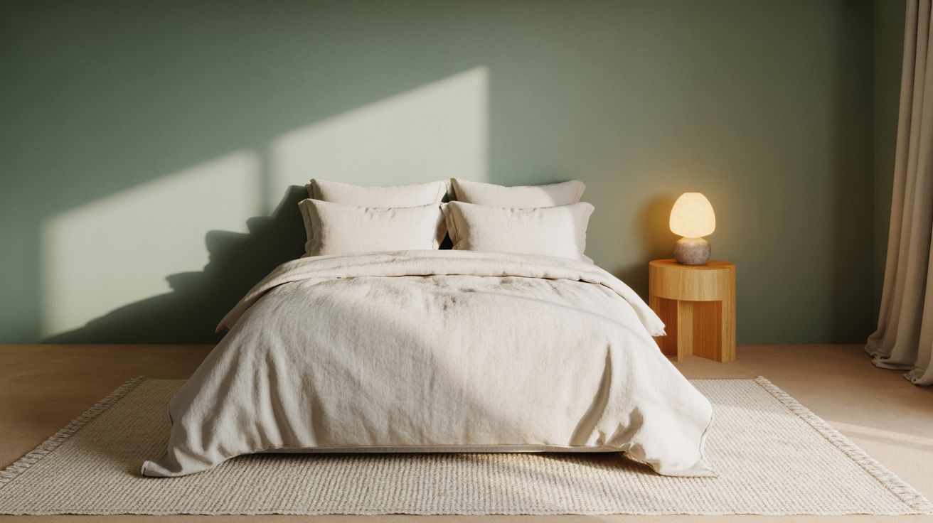 Bedroom furniture color combination with sage green wall paint and warm wood furniture in natural morning light