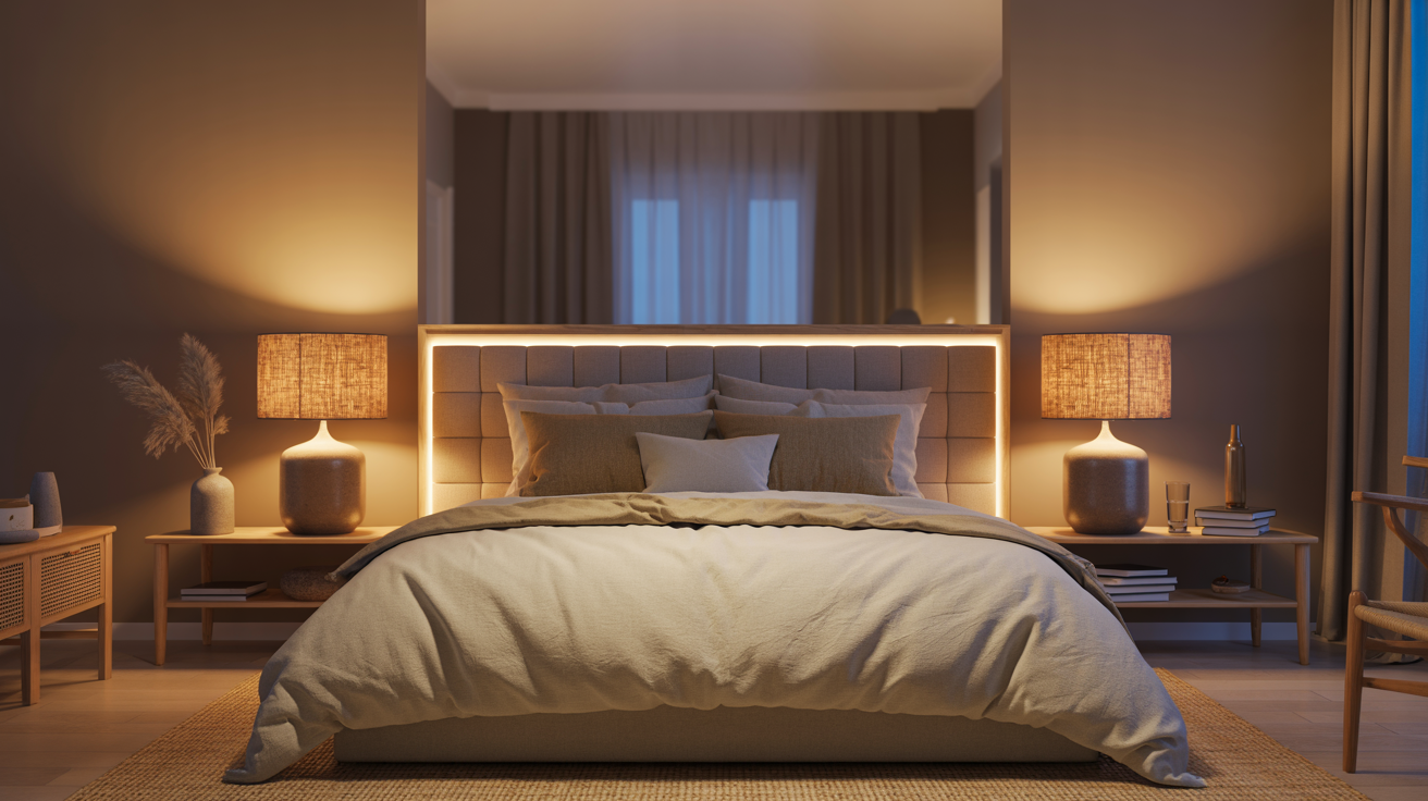 Cozy bedroom with layered lighting including bedside lamps, LED strip lights, and warm ambient ceiling light