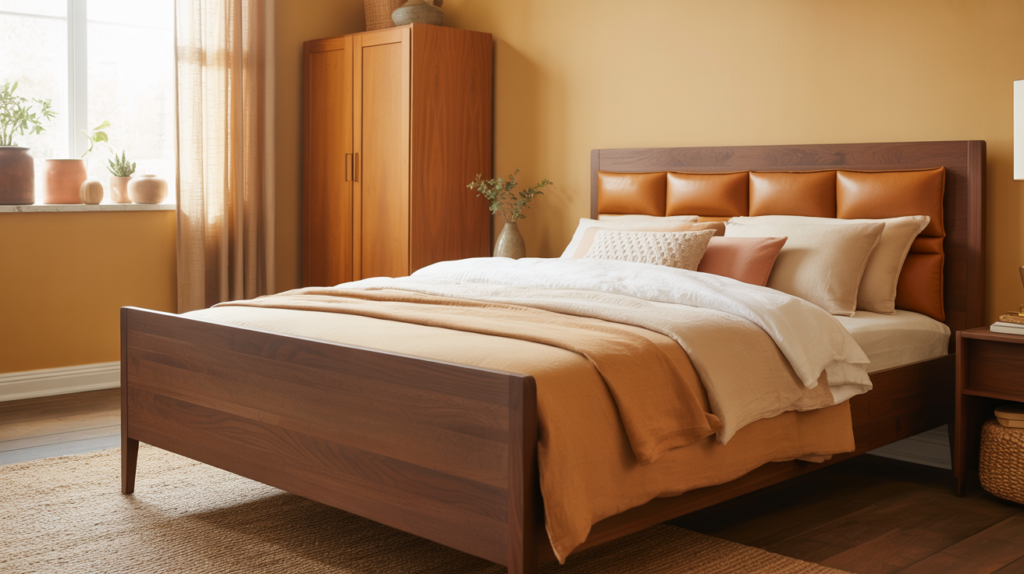 Warm beige bedroom walls with dark walnut and honey oak furniture creating an earthy bedroom color combination