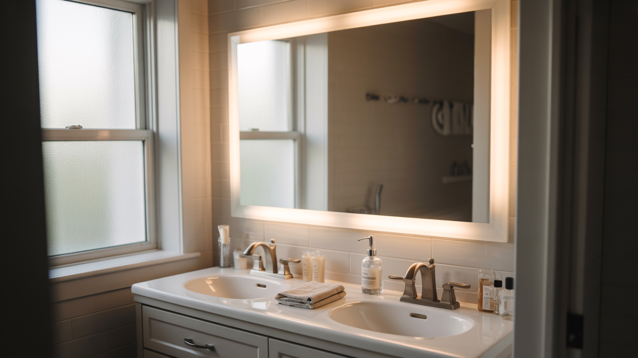 Best bathroom mirror with built-in lighting above a modern white vanity