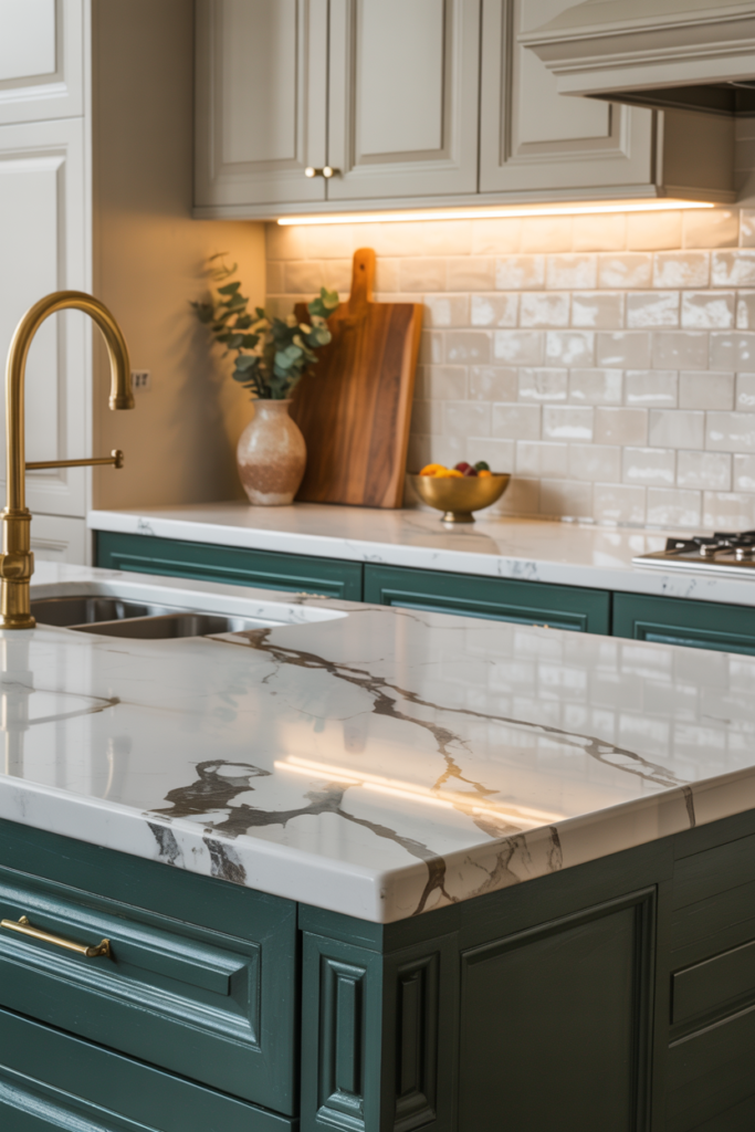 Dark green kitchen cabinets with white marble countertop and brass faucet showing the best countertop pairing for green cabinets
