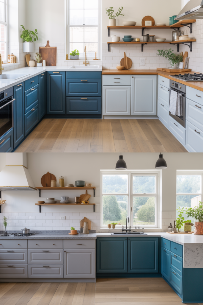 Best shades for blue kitchen cabinets showing navy, light blue, dusty blue and teal cabinet styles in one kitchen