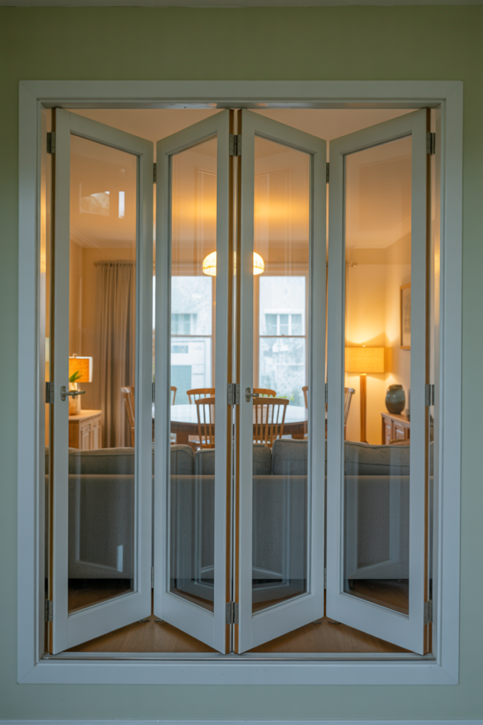 Internal bi-fold doors folded back fully opening living room into dining area in a modern home


