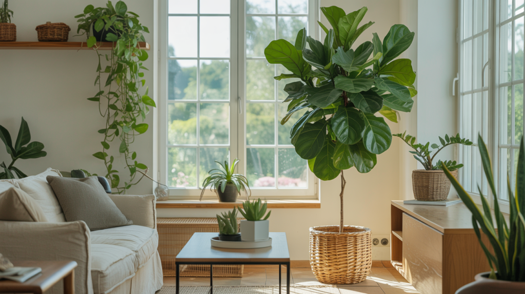 Living room with fiddle leaf fig trailing pothos and indoor plants showing biophilic design trend 2026