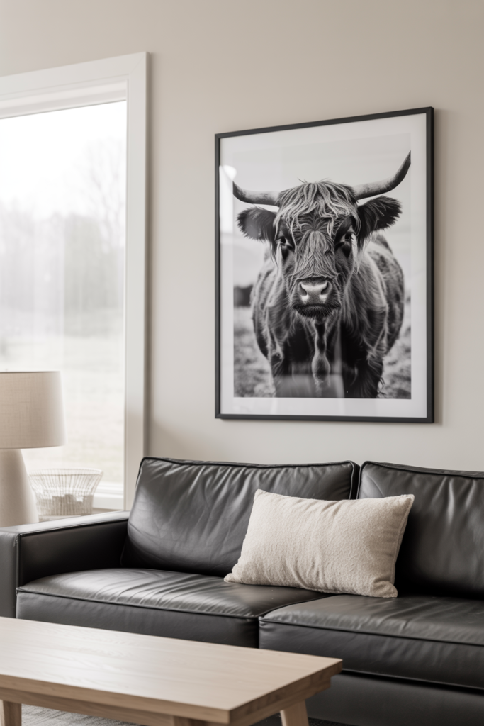 Black and white highland cow print in a matte black frame on a greige wall in a modern neutral living room