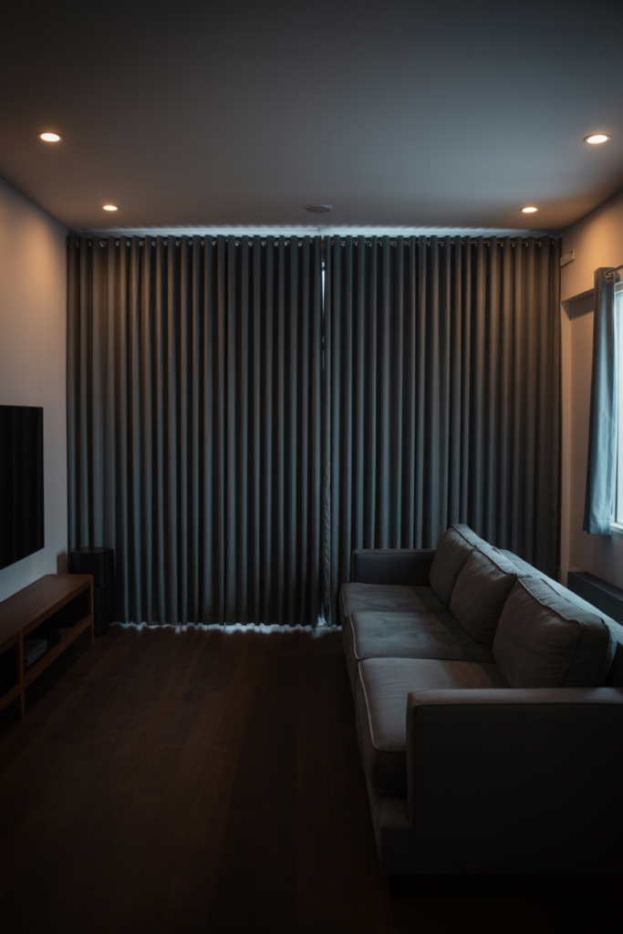 Deep charcoal blackout curtains in a modern living room home theater setup