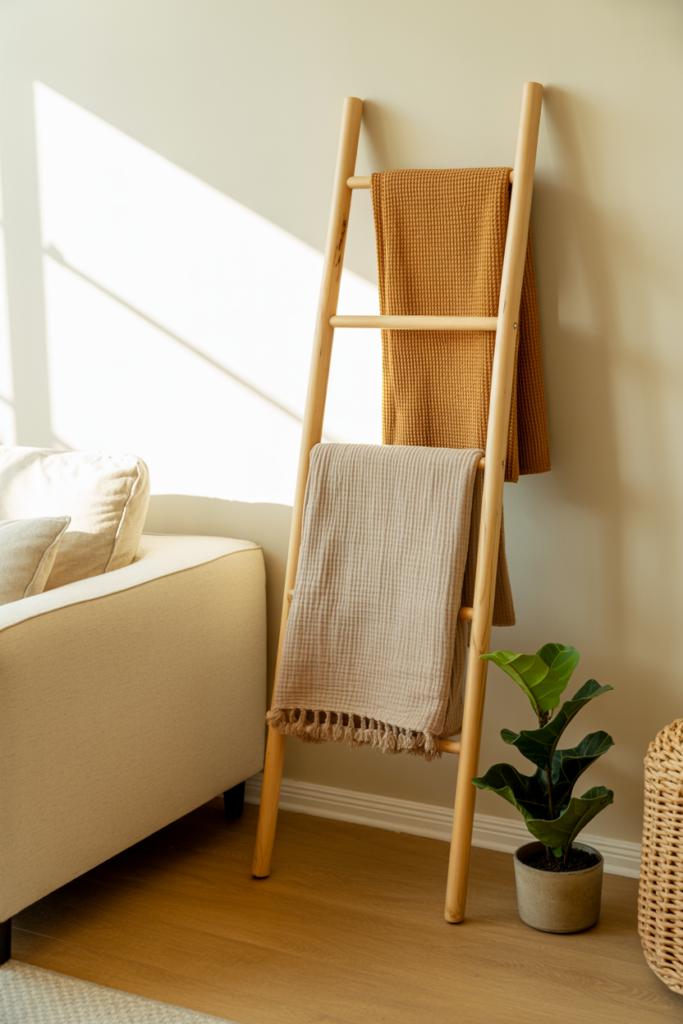 Oatmeal Egyptian cotton throw draped over a wooden blanket ladder in a cozy living room
