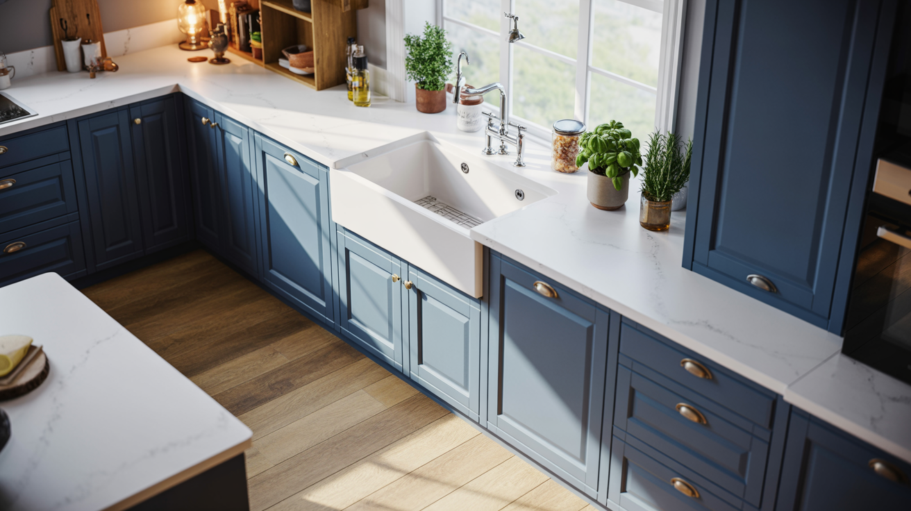 Blue kitchen cabinet ideas with navy shaker cabinets, white quartz countertops and brass hardware