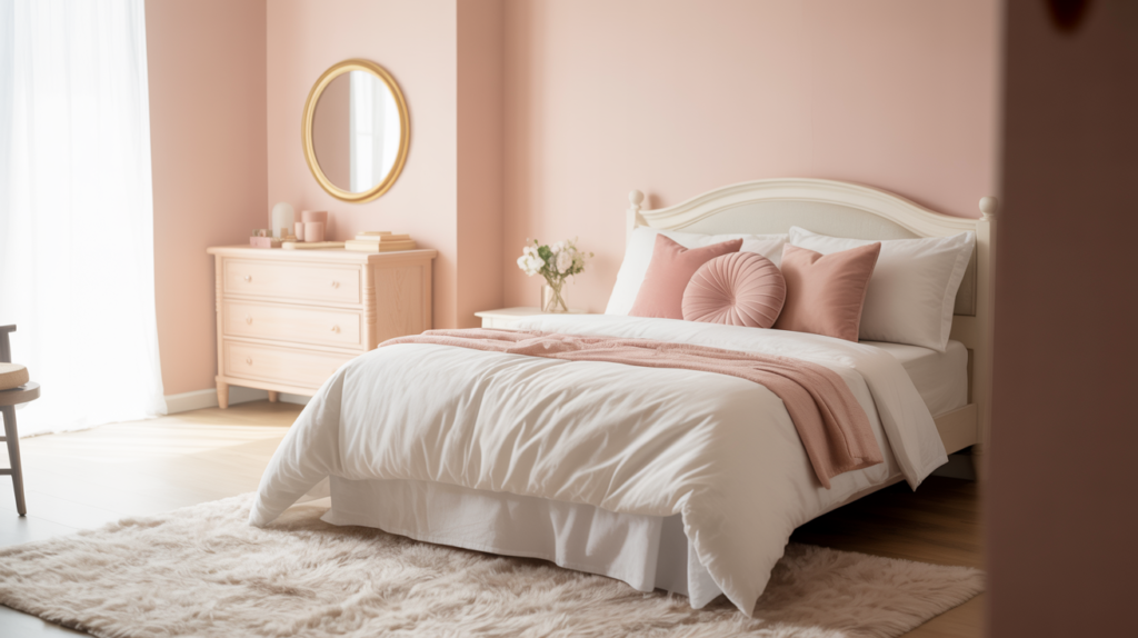 Blush pink bedroom walls with white and pale wood furniture for a soft and elegant pastel bedroom color combination