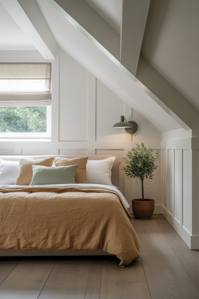 White board-and-batten knee wall in a modern farmhouse attic bedroom with oatmeal upholstered bed and black sconce