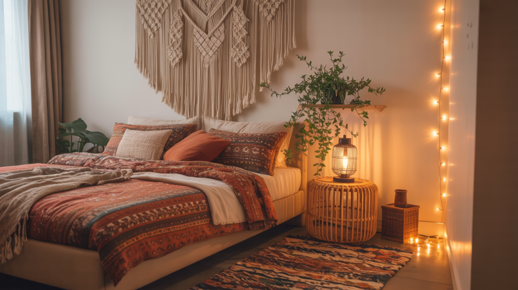 Bohemian bedroom with macrame wall hanging and rattan furniture on a budget