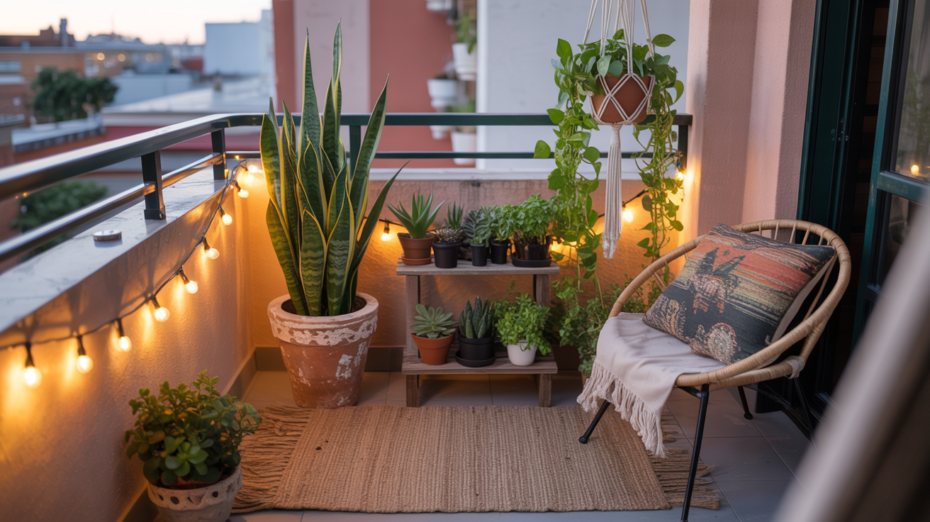 Fully styled boho apartment balcony garden with plants, macramé hangers and fairy lights