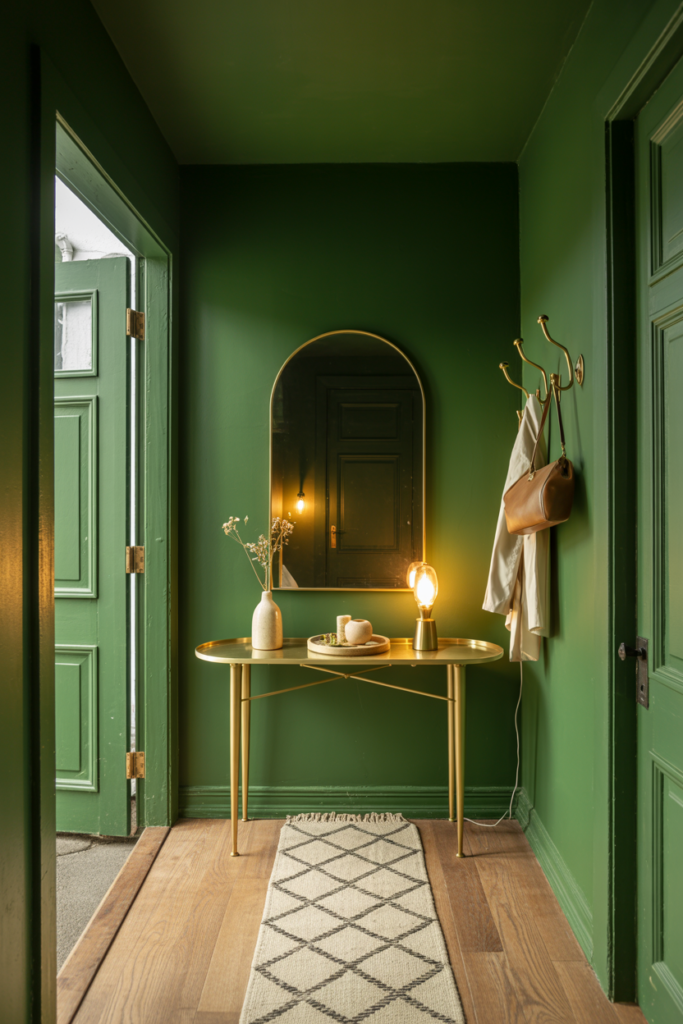 Small entryway painted entirely in deep forest green with brass console table, arched mirror, and ivory geometric runner rug