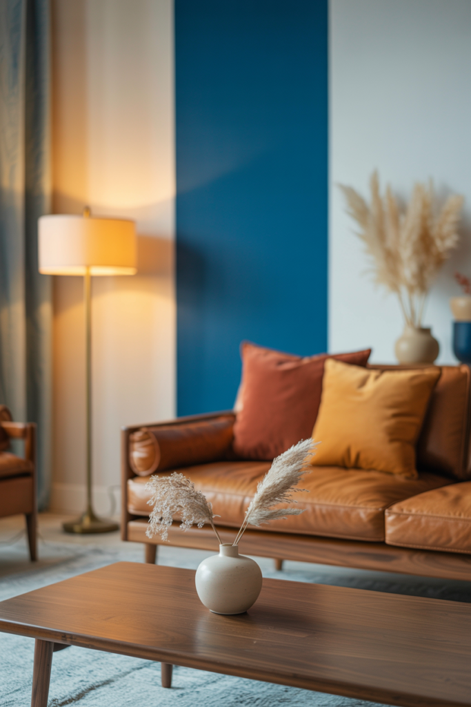 Bold navy blue paint feature wall in living room with mid-century modern walnut sofa and brass lamp