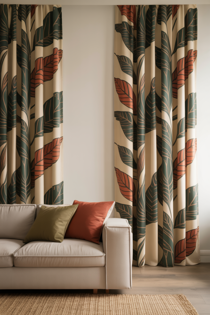 Bold botanical print curtains in green and terracotta as a living room statement piece