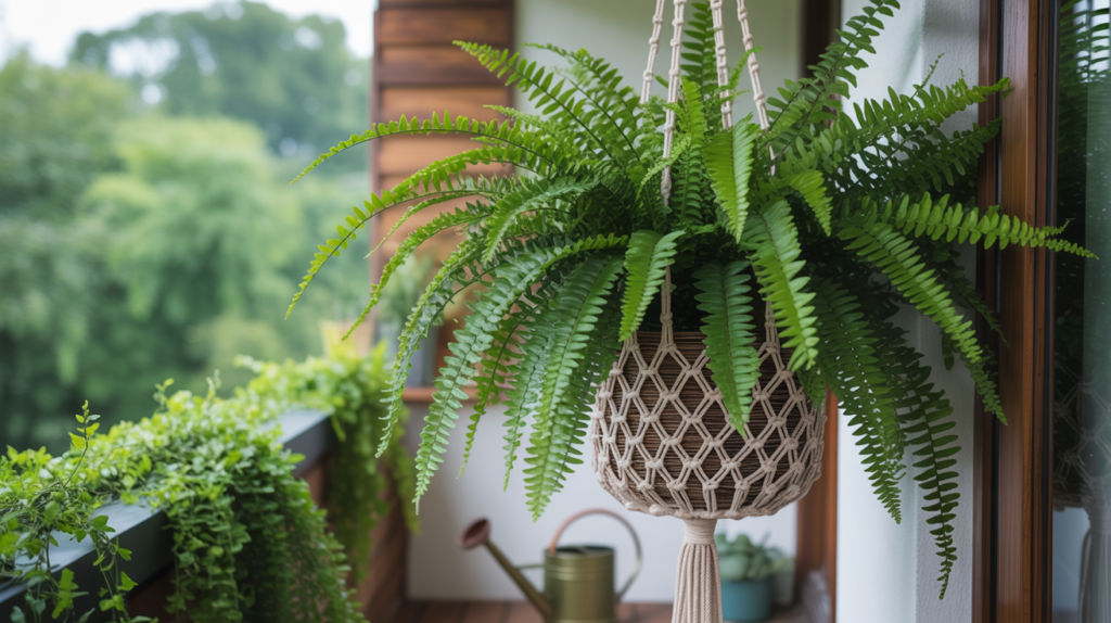 Boston fern in macramé basket hanging on a boho apartment balcony
