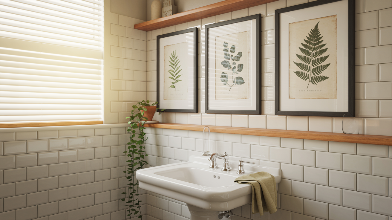 Botanical bathroom wall art prints with fern and eucalyptus illustrations in black frames above a white vanity with a pothos plant