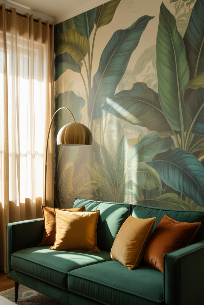 Botanical wallpaper mural living room feature wall with dark green velvet sofa and brass floor lamp
