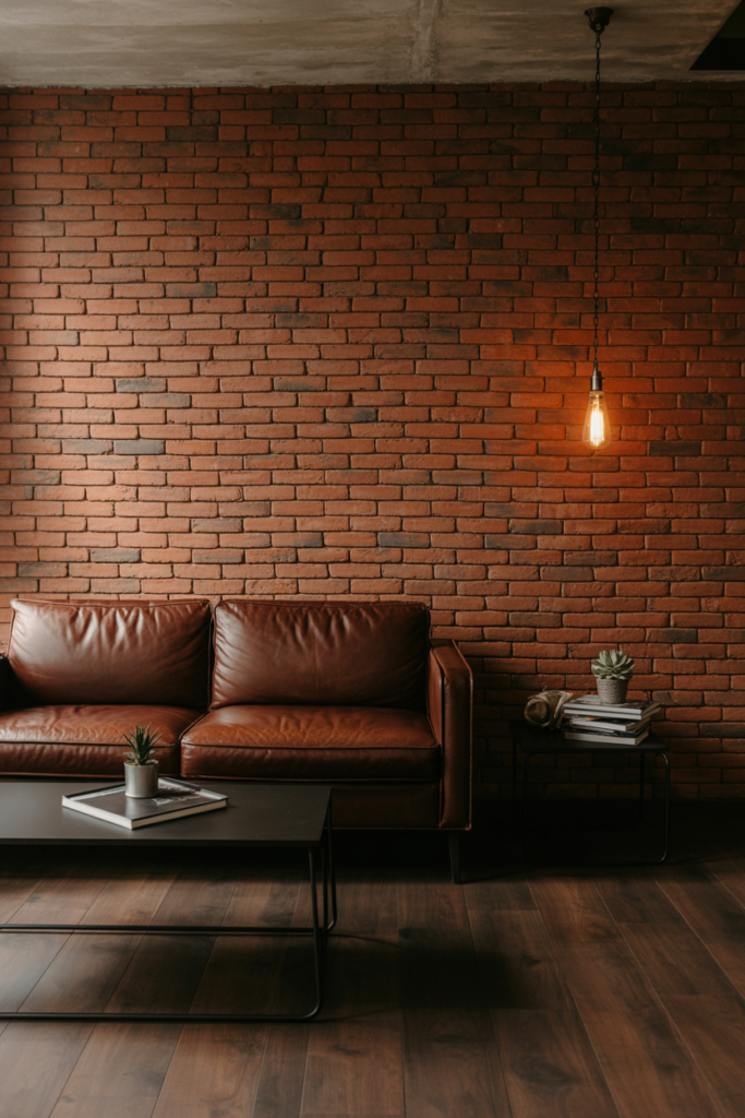 Exposed brick veneer feature wall in industrial living room with leather sofa and Edison bulb pendant light
