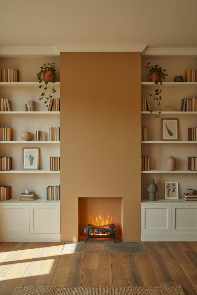 Floor-to-ceiling built-in alcove shelving framing a clay-painted chimney breast with stone surround in a cosy living room