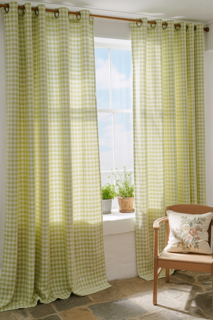 Gingham cafe curtains on a cottage living room window with an open top half