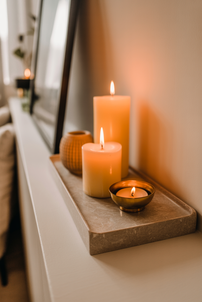 Grouping of pillar candles in varying heights with brass and terracotta candle holders on a kitchen living room half wall ledge