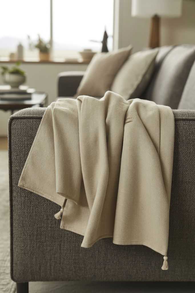 Cream Egyptian cotton throw casually draped over the arm of a charcoal sofa
