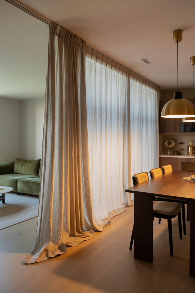 Ceiling-mounted linen curtain used as a flexible room divider between living room and dining area in open-plan home
