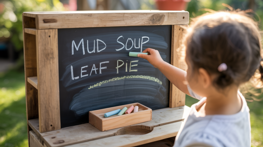A child writing a pretend menu on a chalkboard panel attached to an outdoor mud kitchen