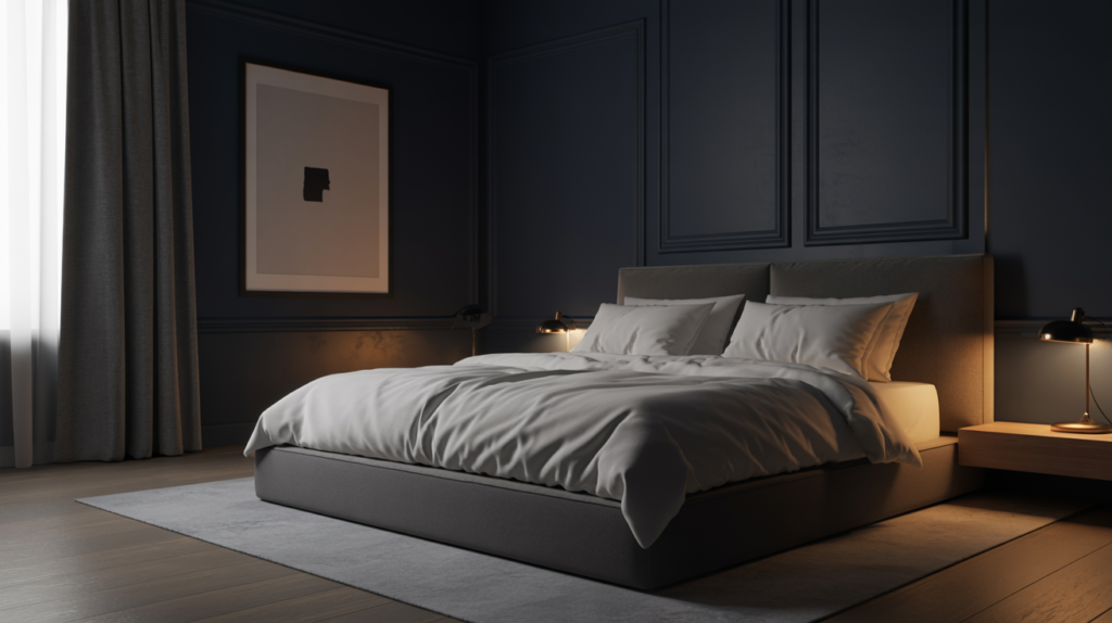 Charcoal minimalist bedroom with off-white bedding, warm bedside lamps, and light wooden flooring in a dramatic refined setting