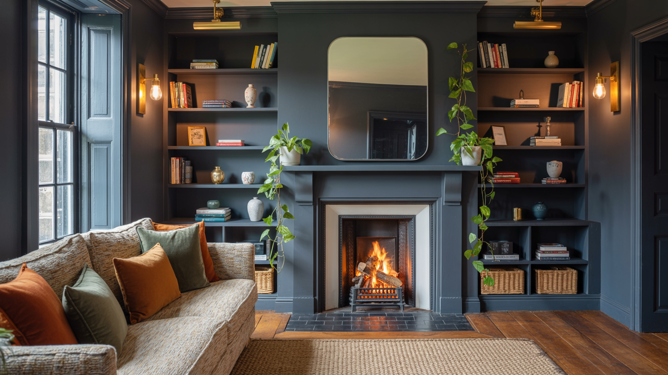 Styled modern living room with charcoal chimney breast, marble surround, built-in shelving, and warm ambient lighting