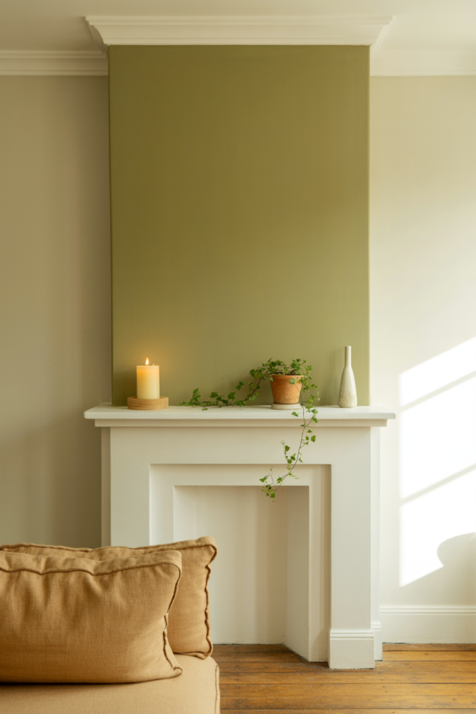 Living room chimney breast painted dusty sage green contrasting against pale cream walls with minimal mantel styling