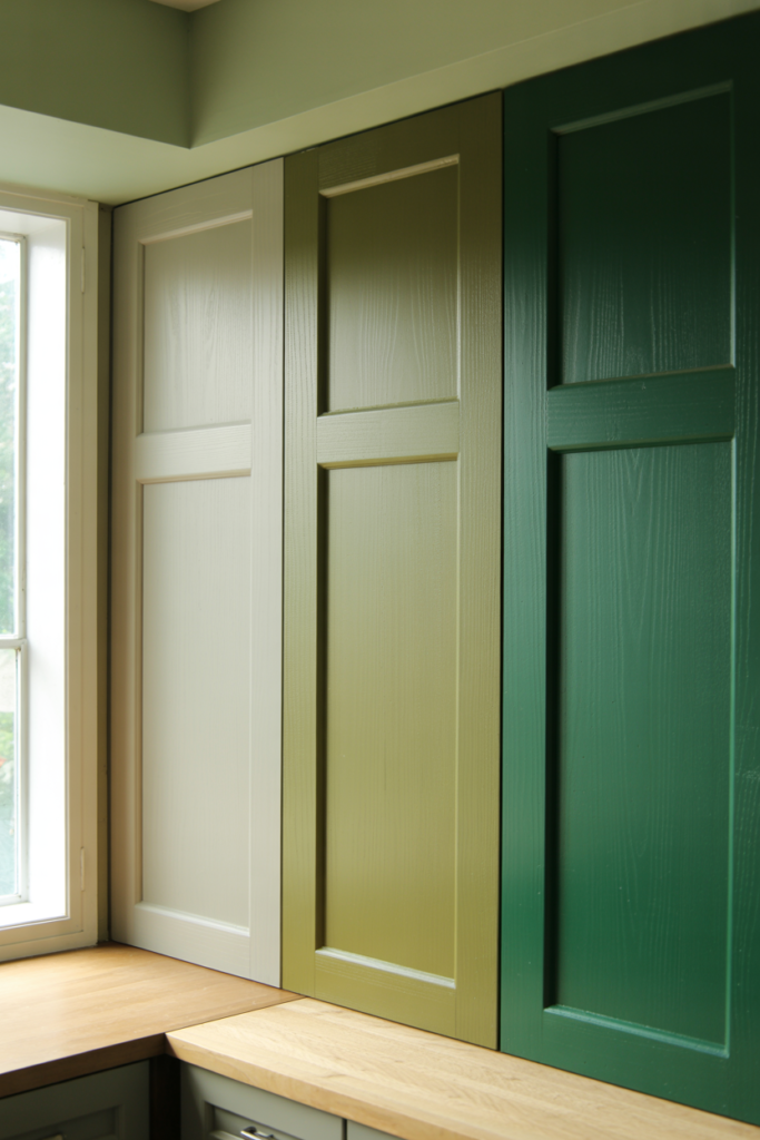 Comparison of sage green, olive green, and emerald green kitchen cabinet shades in a real kitchen setting