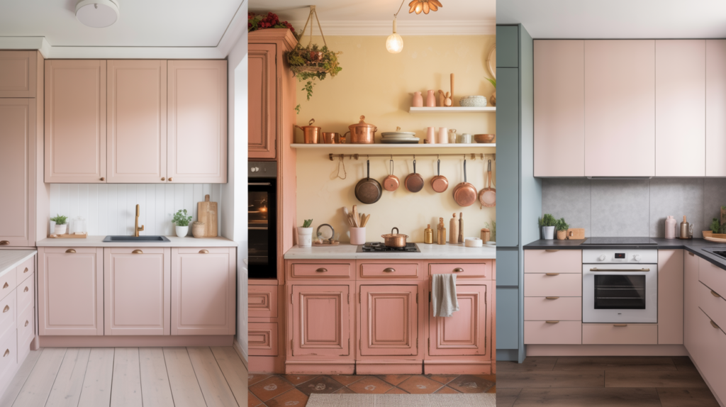 Three pink kitchen cabinet shades side by side — blush, dusty rose, and light pink in real home settings