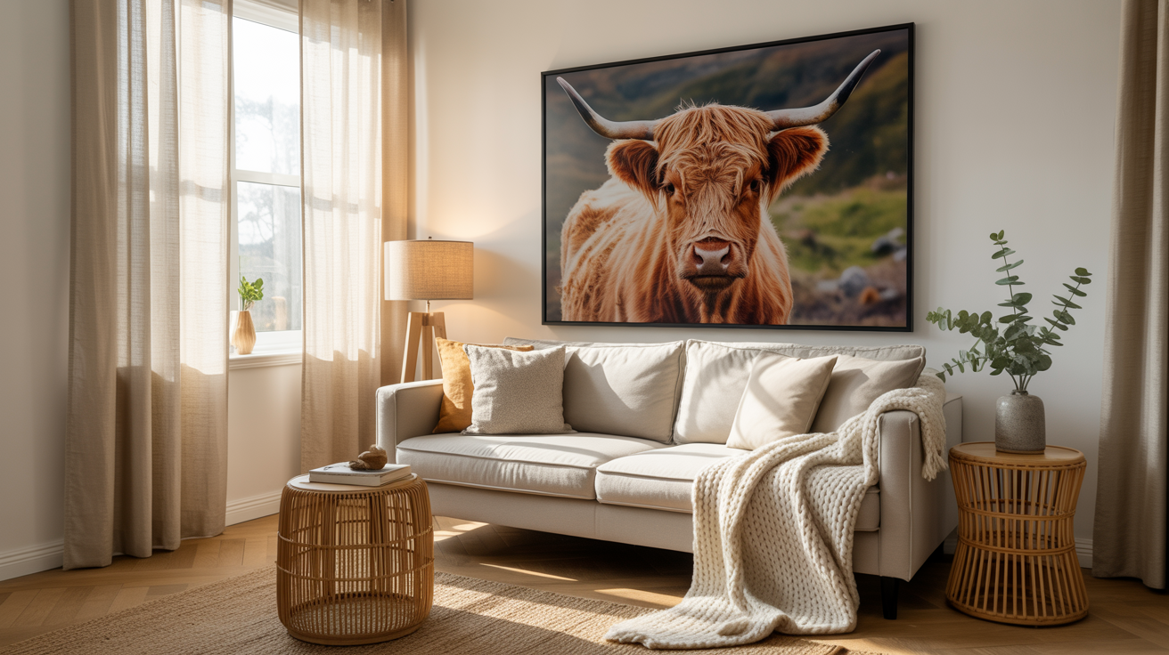 Classic photographic highland cow canvas print hanging above a walnut console table in a bright living room