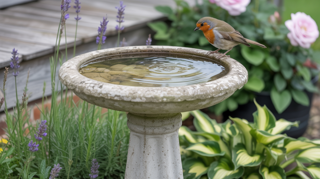Classic concrete pedestal bird bath in a cottage garden attracting a robin