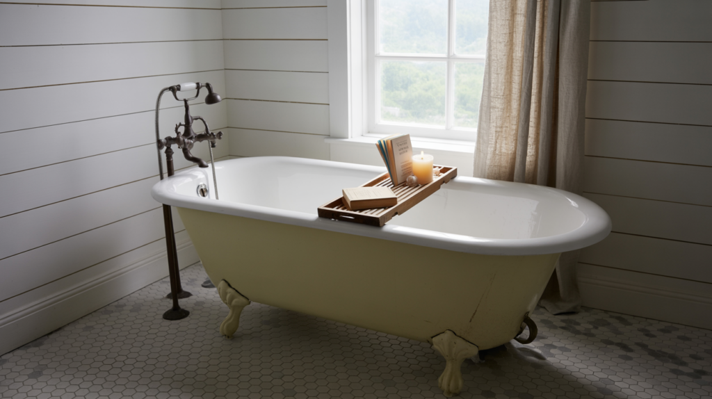 White clawfoot bathtub with matte black floor-mounted filler in a farmhouse bathroom