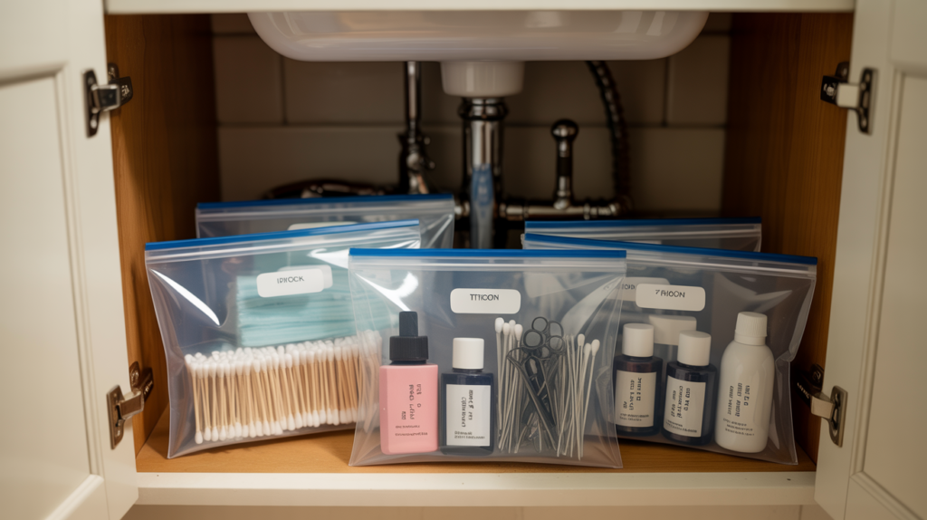 Clear mesh pouches organizing small bathroom items under sink cabinet in apartment