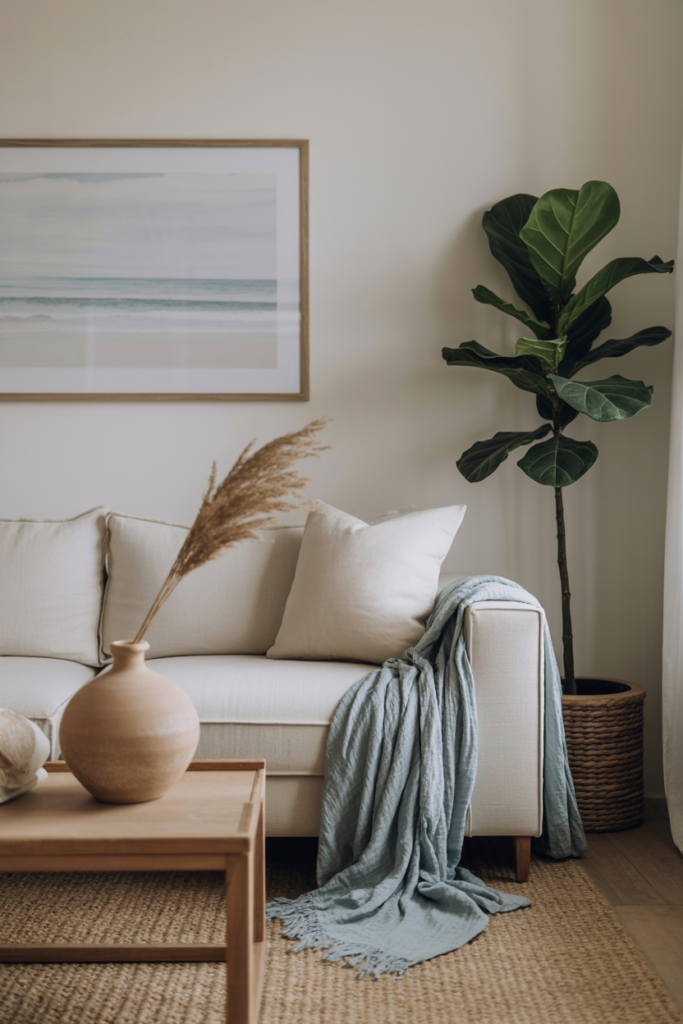 Small beach house living room with minimal coastal decor including pampas grass, ceramic vase, and a single coastal print on white walls