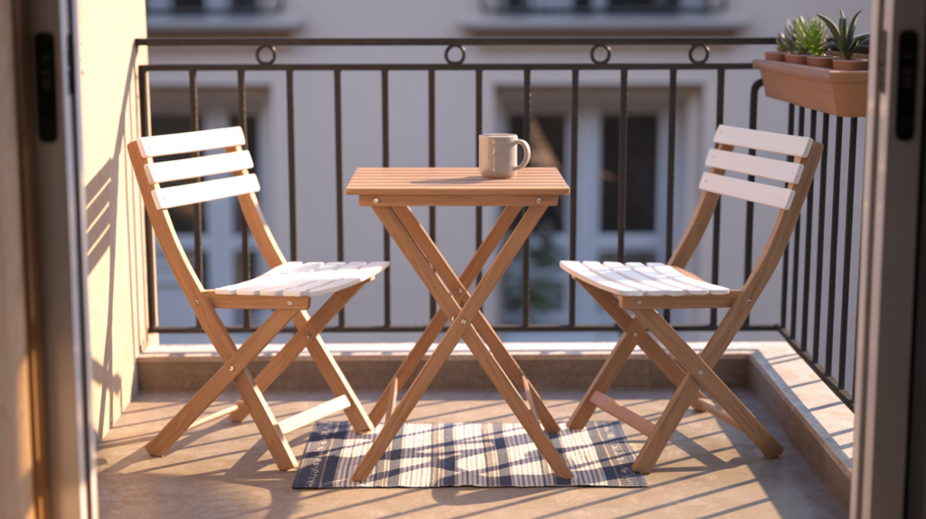 Foldable bistro table and chairs on a small condo balcony with succulents and outdoor rug