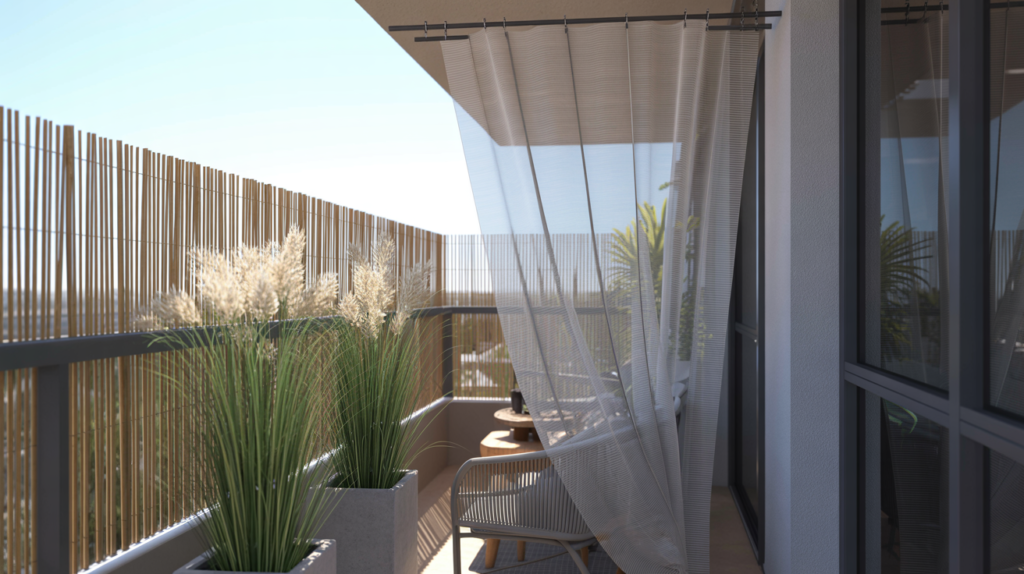 Condo balcony privacy screen with bamboo panel, tall potted plants, and sheer curtain