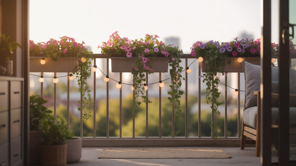 Condo balcony railing with colorful railing planters and string lights at golden hour