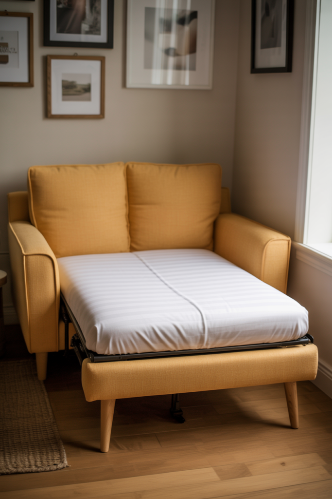 Mustard yellow convertible loveseat sleeper with tapered oak legs fully extended as a single bed with white bedding in a small living room corner