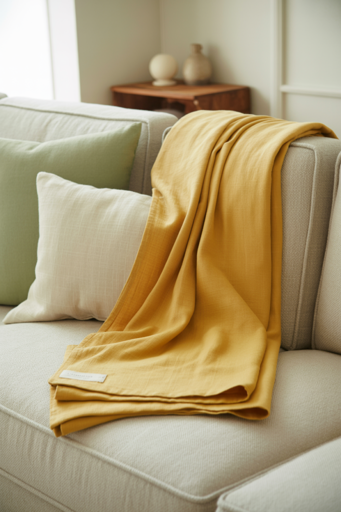 Ivory Egyptian cotton throw corner-tucked into a grey linen sofa with sage green cushions
